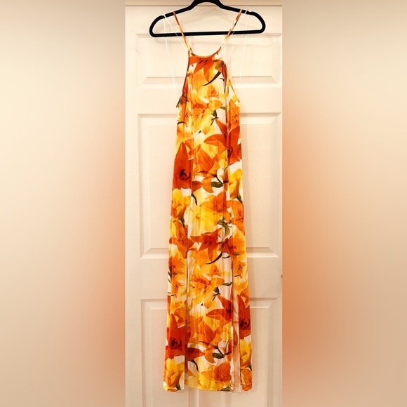 Guess Halter Neck Open Back Tropical Orange Floral Front Slit Maxi Dress sz 0 - Picture 1 of 14